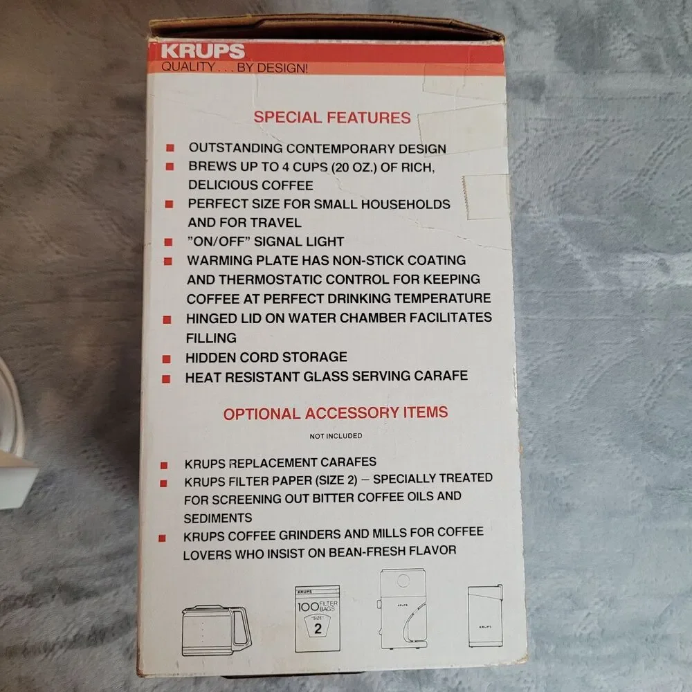 Krups Brewmaster Jr. Coffee Maker 4 Cup Model 170 White w/ Box & Reusable Filter
